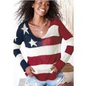 Wooden Ships American Flag Knit Sweater Sz XL Long Sleeve